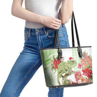 Pastel Green Hawaii Chameleon Christmas Leather Tote Bag Mele Kalikimaka Kakau - Watercolor LT14 - Polynesian Pride