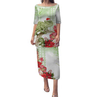 Pastel Green Hawaii Chameleon Christmas Puletasi Mele Kalikimaka Kakau - Watercolor LT14 Long Dress Green - Polynesian Pride