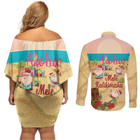Aloha Hawaii Mele Kalikimaka Couples Matching Off Shoulder Short Dress and Long Sleeve Button Shirt Beachy Funny Santa Hawaiian Lei - Polynesian Pride