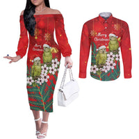 New Zealand Kakapo Christmas Couples Matching Off The Shoulder Long Sleeve Dress and Long Sleeve Button Shirt Owl Parrot Santa Sliver Fern Manuka - Red - Polynesian Pride