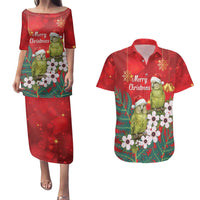 New Zealand Kakapo Christmas Couples Matching Puletasi and Hawaiian Shirt Owl Parrot Santa Sliver Fern Manuka - Red - Polynesian Pride