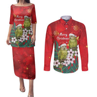 New Zealand Kakapo Christmas Couples Matching Puletasi and Long Sleeve Button Shirt Owl Parrot Santa Sliver Fern Manuka - Red - Polynesian Pride