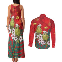 New Zealand Kakapo Christmas Couples Matching Tank Maxi Dress and Long Sleeve Button Shirt Owl Parrot Santa Sliver Fern Manuka - Red - Polynesian Pride