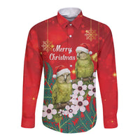 New Zealand Kakapo Christmas Long Sleeve Button Shirt Owl Parrot Santa Sliver Fern Manuka - Red - Polynesian Pride