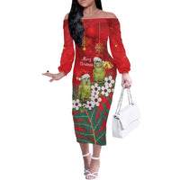 New Zealand Kakapo Christmas Off The Shoulder Long Sleeve Dress Owl Parrot Santa Sliver Fern Manuka - Red - Polynesian Pride
