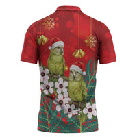 New Zealand Kakapo Christmas Zipper Polo Shirt Owl Parrot Santa Sliver Fern Manuka - Red - Polynesian Pride