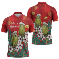 New Zealand Kakapo Christmas Zipper Polo Shirt Owl Parrot Santa Sliver Fern Manuka - Red - Polynesian Pride