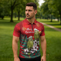 New Zealand Kakapo Christmas Zipper Polo Shirt Owl Parrot Santa Sliver Fern Manuka - Red - Polynesian Pride