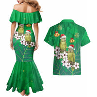 New Zealand Kakapo Christmas Couples Matching Mermaid Dress and Hawaiian Shirt Owl Parrot Santa Sliver Fern Manuka - Green - Polynesian Pride