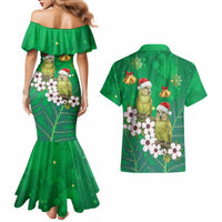 New Zealand Kakapo Christmas Couples Matching Mermaid Dress and Hawaiian Shirt Owl Parrot Santa Sliver Fern Manuka - Green - Polynesian Pride