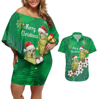 New Zealand Kakapo Christmas Couples Matching Off Shoulder Short Dress and Hawaiian Shirt Owl Parrot Santa Sliver Fern Manuka - Green - Polynesian Pride
