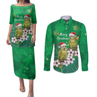New Zealand Kakapo Christmas Couples Matching Puletasi and Long Sleeve Button Shirt Owl Parrot Santa Sliver Fern Manuka - Green - Polynesian Pride