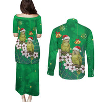 New Zealand Kakapo Christmas Couples Matching Puletasi and Long Sleeve Button Shirt Owl Parrot Santa Sliver Fern Manuka - Green - Polynesian Pride