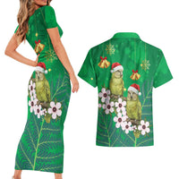 New Zealand Kakapo Christmas Couples Matching Short Sleeve Bodycon Dress and Hawaiian Shirt Owl Parrot Santa Sliver Fern Manuka - Green - Polynesian Pride