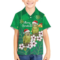 New Zealand Kakapo Christmas Family Matching Short Sleeve Bodycon Dress and Hawaiian Shirt Owl Parrot Santa Sliver Fern Manuka - Green - Polynesian Pride