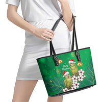 New Zealand Kakapo Christmas Leather Tote Bag Owl Parrot Santa Sliver Fern Manuka - Green - Polynesian Pride