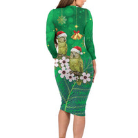 New Zealand Kakapo Christmas Long Sleeve Bodycon Dress Owl Parrot Santa Sliver Fern Manuka - Green - Polynesian Pride