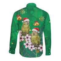 New Zealand Kakapo Christmas Long Sleeve Button Shirt Owl Parrot Santa Sliver Fern Manuka - Green - Polynesian Pride