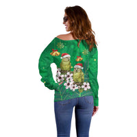 New Zealand Kakapo Christmas Off Shoulder Sweater Owl Parrot Santa Sliver Fern Manuka - Green - Polynesian Pride