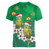 New Zealand Kakapo Christmas Women V-Neck T-Shirt Owl Parrot Santa Sliver Fern Manuka - Green - Polynesian Pride
