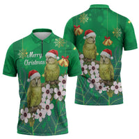 New Zealand Kakapo Christmas Zipper Polo Shirt Owl Parrot Santa Sliver Fern Manuka - Green - Polynesian Pride