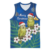 New Zealand Kakapo Christmas Basketball Jersey Owl Parrot Santa Sliver Fern Manuka - Blue - Polynesian Pride