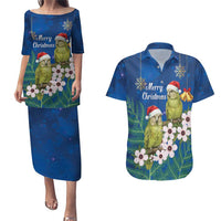 New Zealand Kakapo Christmas Couples Matching Puletasi and Hawaiian Shirt Owl Parrot Santa Sliver Fern Manuka - Blue - Polynesian Pride