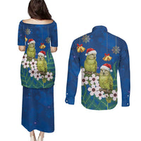 New Zealand Kakapo Christmas Couples Matching Puletasi and Long Sleeve Button Shirt Owl Parrot Santa Sliver Fern Manuka - Blue - Polynesian Pride