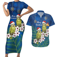 New Zealand Kakapo Christmas Couples Matching Short Sleeve Bodycon Dress and Hawaiian Shirt Owl Parrot Santa Sliver Fern Manuka - Blue - Polynesian Pride
