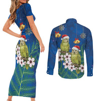 New Zealand Kakapo Christmas Couples Matching Short Sleeve Bodycon Dress and Long Sleeve Button Shirt Owl Parrot Santa Sliver Fern Manuka - Blue - Polynesian Pride