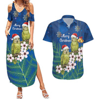 New Zealand Kakapo Christmas Couples Matching Summer Maxi Dress and Hawaiian Shirt Owl Parrot Santa Sliver Fern Manuka - Blue - Polynesian Pride