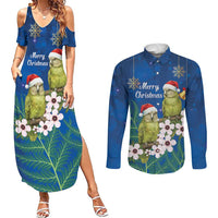 New Zealand Kakapo Christmas Couples Matching Summer Maxi Dress and Long Sleeve Button Shirt Owl Parrot Santa Sliver Fern Manuka - Blue - Polynesian Pride