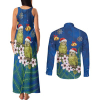 New Zealand Kakapo Christmas Couples Matching Tank Maxi Dress and Long Sleeve Button Shirt Owl Parrot Santa Sliver Fern Manuka - Blue - Polynesian Pride