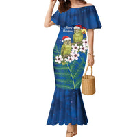 New Zealand Kakapo Christmas Family Matching Mermaid Dress and Hawaiian Shirt Owl Parrot Santa Sliver Fern Manuka - Blue - Polynesian Pride