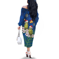 New Zealand Kakapo Christmas Family Matching Off The Shoulder Long Sleeve Dress and Hawaiian Shirt Owl Parrot Santa Sliver Fern Manuka - Blue - Polynesian Pride
