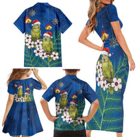 New Zealand Kakapo Christmas Family Matching Short Sleeve Bodycon Dress and Hawaiian Shirt Owl Parrot Santa Sliver Fern Manuka - Blue - Polynesian Pride
