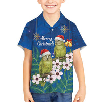 New Zealand Kakapo Christmas Family Matching Short Sleeve Bodycon Dress and Hawaiian Shirt Owl Parrot Santa Sliver Fern Manuka - Blue - Polynesian Pride