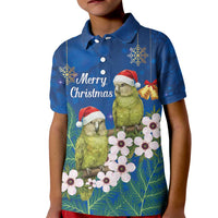 New Zealand Kakapo Christmas Kid Polo Shirt Owl Parrot Santa Sliver Fern Manuka - Blue - Polynesian Pride