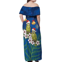 New Zealand Kakapo Christmas Off Shoulder Maxi Dress Owl Parrot Santa Sliver Fern Manuka - Blue - Polynesian Pride