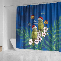 New Zealand Kakapo Christmas Shower Curtain Owl Parrot Santa Sliver Fern Manuka - Blue - Polynesian Pride