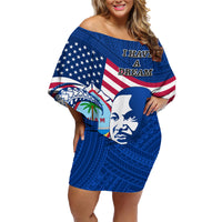 Guam Martin Luther King Jr Day Family Matching Off Shoulder Short Dress and Hawaiian Shirt I Have A Dream Guahan Seal With Bougainvillea LT14 Mom's Dress Blue - Polynesian Pride