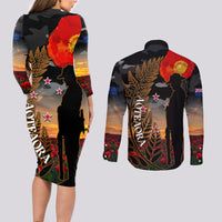 New Zealand ANZAC Day Couples Matching Long Sleeve Bodycon Dress and Long Sleeve Button Shirt Lest We Forget Silver Fern With Camouflage LT14 - Polynesian Pride
