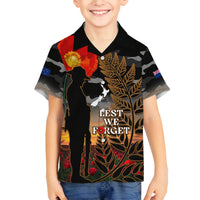 New Zealand ANZAC Day Family Matching Summer Maxi Dress and Hawaiian Shirt Lest We Forget Silver Fern With Camouflage LT14 Son's Shirt Black - Polynesian Pride