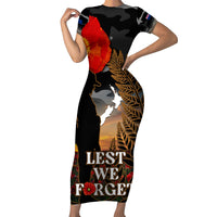 New Zealand ANZAC Day Short Sleeve Bodycon Dress Lest We Forget Silver Fern With Camouflage LT14 Long Dress Black - Polynesian Pride
