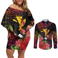Hawaii Iwa Bird Couples Matching Off Shoulder Short Dress and Long Sleeve Button Shirt Great Frigatebird Kanaka Tropical Hippie Style - Polynesian Pride