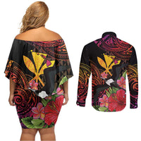 Hawaii Iwa Bird Couples Matching Off Shoulder Short Dress and Long Sleeve Button Shirt Great Frigatebird Kanaka Tropical Hippie Style - Polynesian Pride