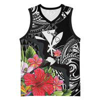 Hawaii Iwa Bird Basketball Jersey Great Frigatebird Kanaka Tropical Flowers LT14 Unisex Black - Polynesian Pride