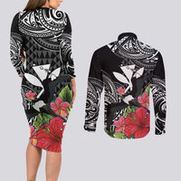 Hawaii Iwa Bird Couples Matching Long Sleeve Bodycon Dress and Long Sleeve Button Shirt Great Frigatebird Kanaka Tropical Flowers - Polynesian Pride