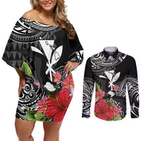 Hawaii Iwa Bird Couples Matching Off Shoulder Short Dress and Long Sleeve Button Shirt Great Frigatebird Kanaka Tropical Flowers - Polynesian Pride