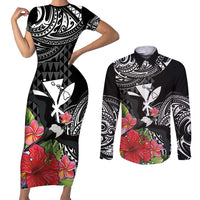 Hawaii Iwa Bird Couples Matching Short Sleeve Bodycon Dress and Long Sleeve Button Shirt Great Frigatebird Kanaka Tropical Flowers - Polynesian Pride